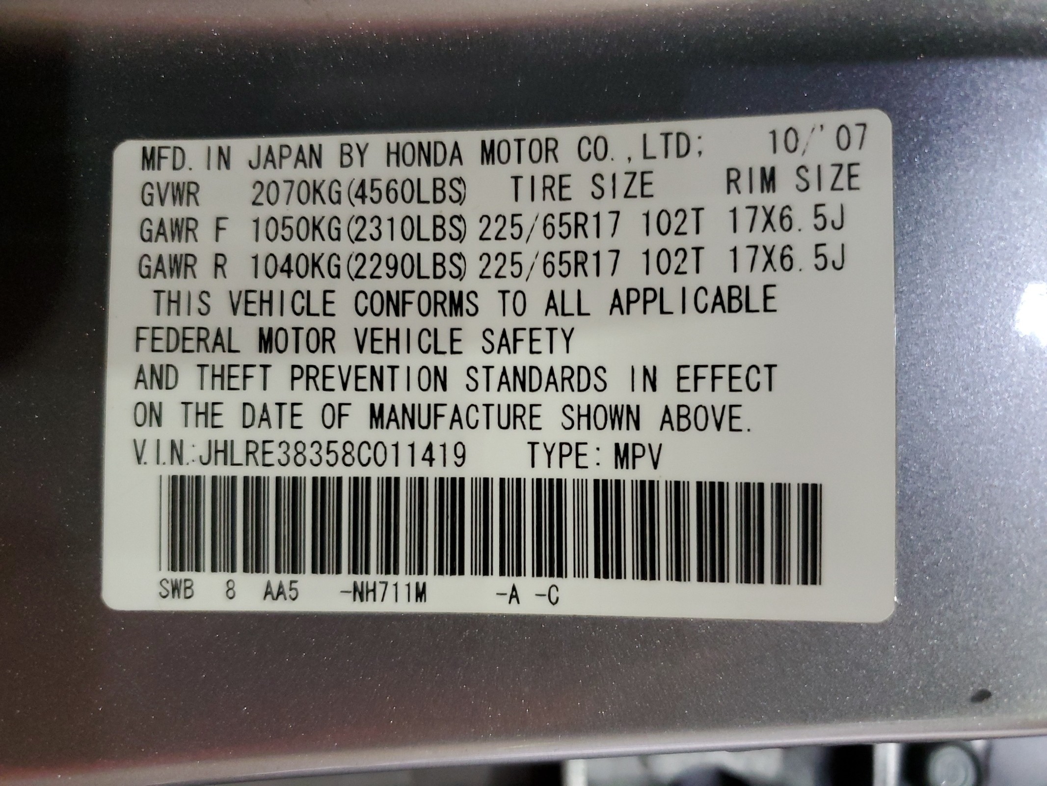 JHLRE38358C011419 2008 Honda Cr-V Lx