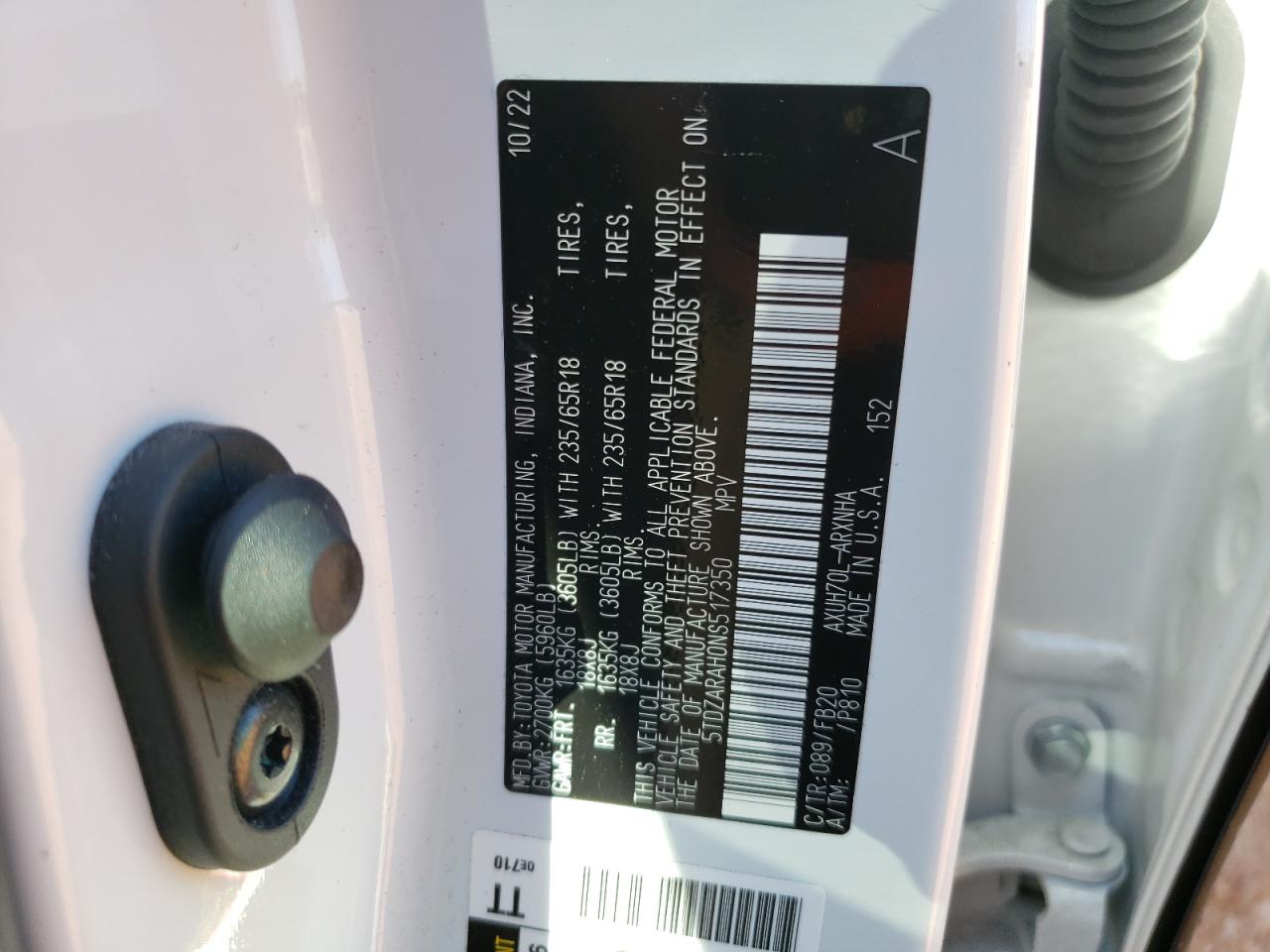 2022 Toyota Highlander Hybrid Le VIN: 5TDZARAH0NS517350 Lot: 47221454