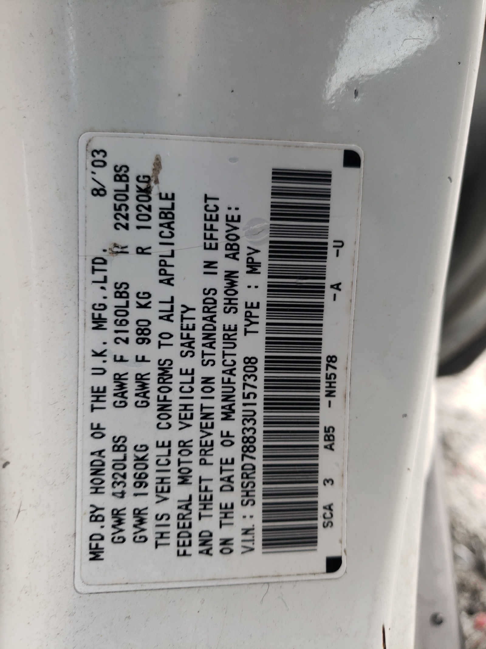 SHSRD78833U157308 2003 Honda Cr-V Ex