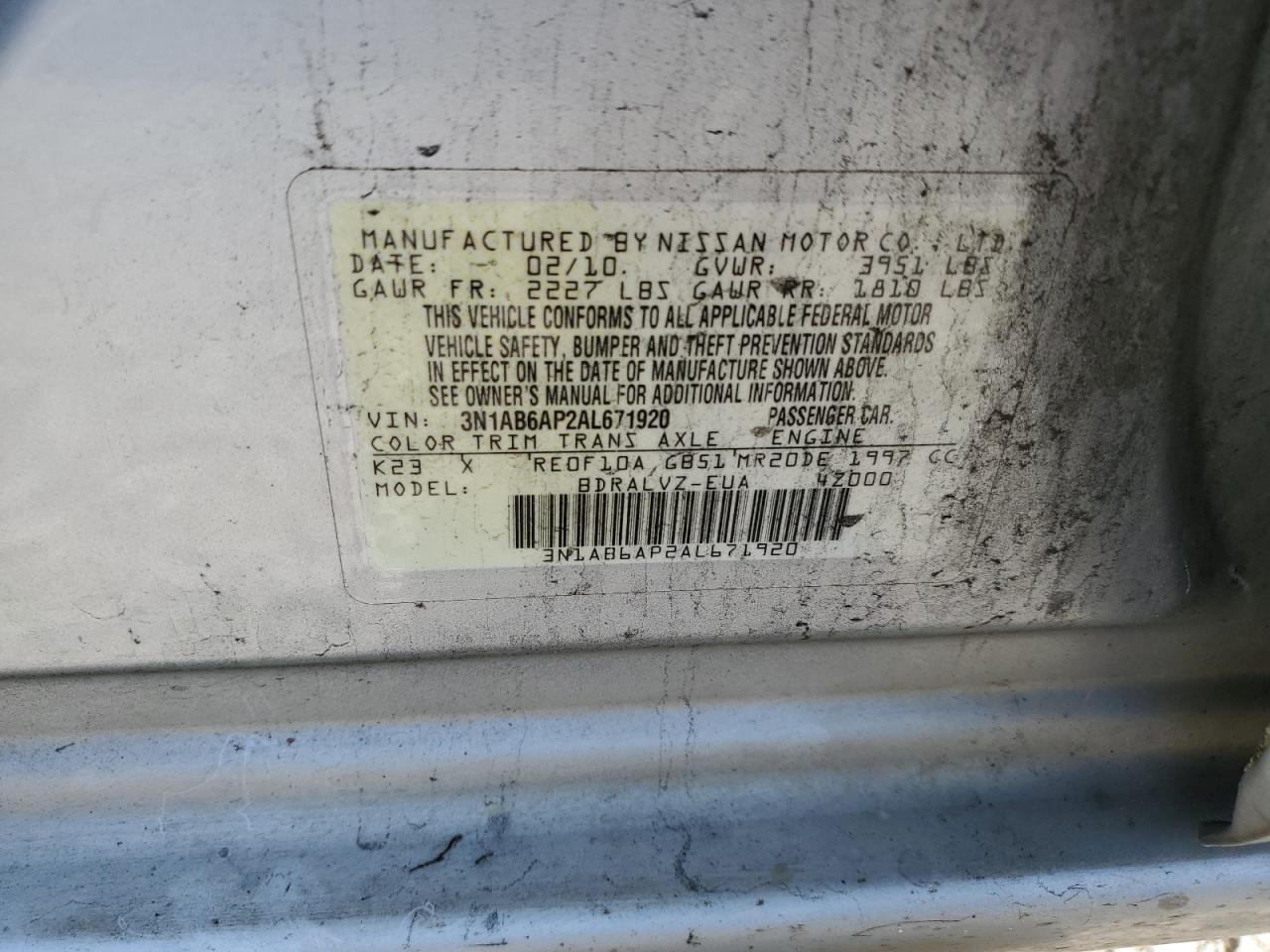 2010 Nissan Sentra 2.0 VIN: 3N1AB6AP2AL671920 Lot: 47775994