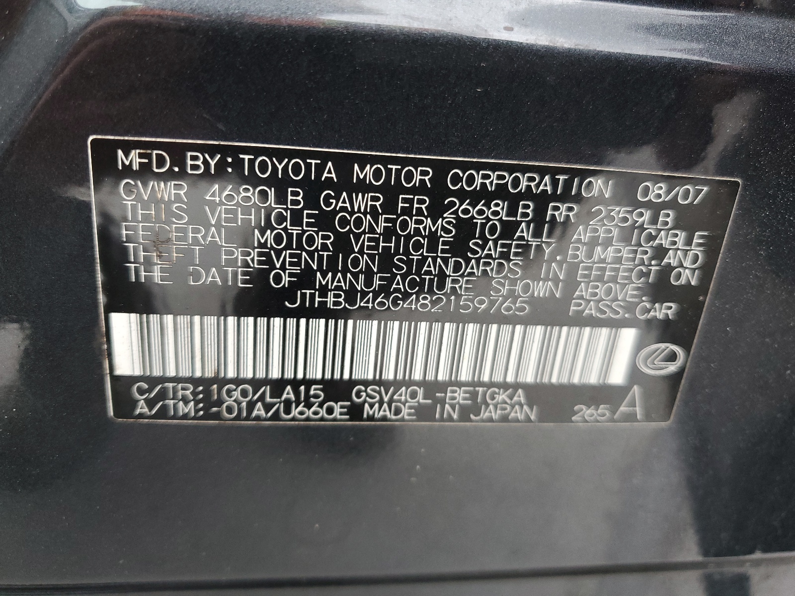JTHBJ46G482159765 2008 Lexus Es 350