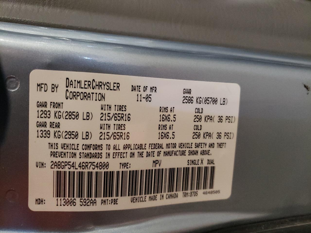 2006 Chrysler Town & Country Touring VIN: 2A8GP54L46R754800 Lot: 46516934