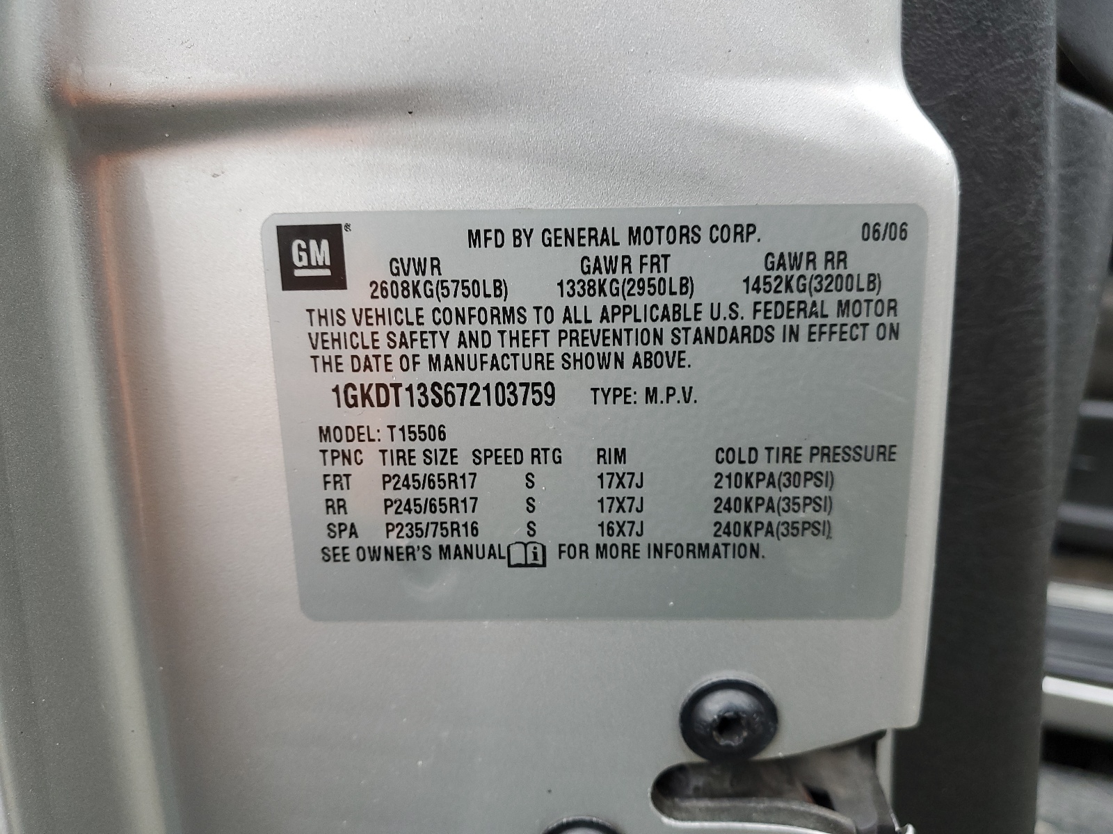 1GKDT13S672103759 2007 GMC Envoy