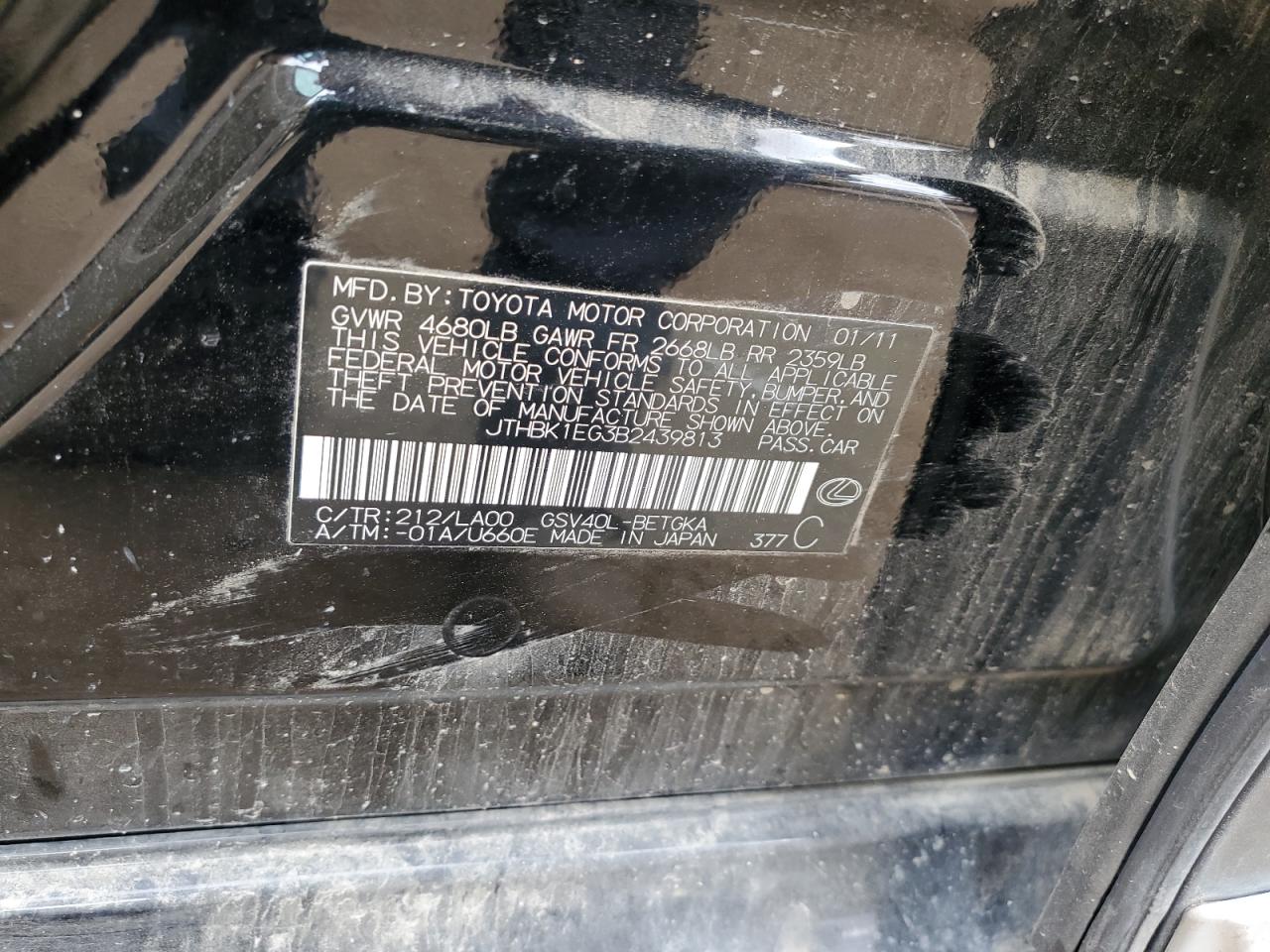 2011 Lexus Es 350 VIN: JTHBK1EG3B2439813 Lot: 45999794