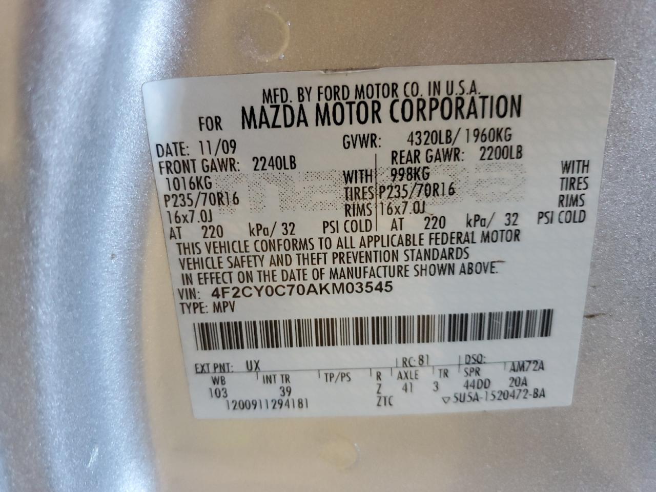 2010 Mazda Tribute I VIN: 4F2CY0C70AKM03545 Lot: 46426684
