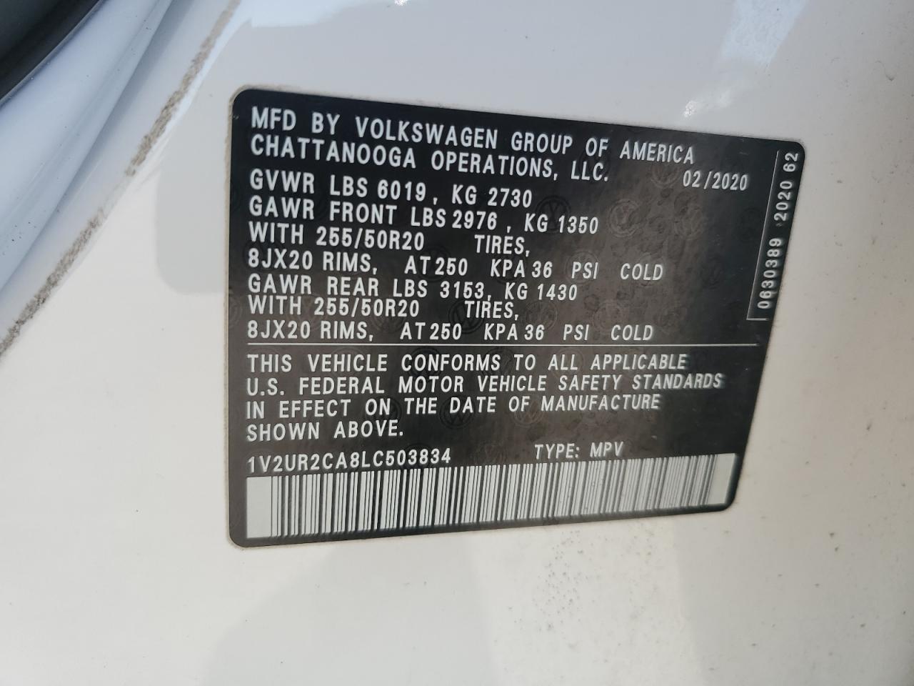 2020 Volkswagen Atlas Se VIN: 1V2UR2CA8LC503834 Lot: 48464314