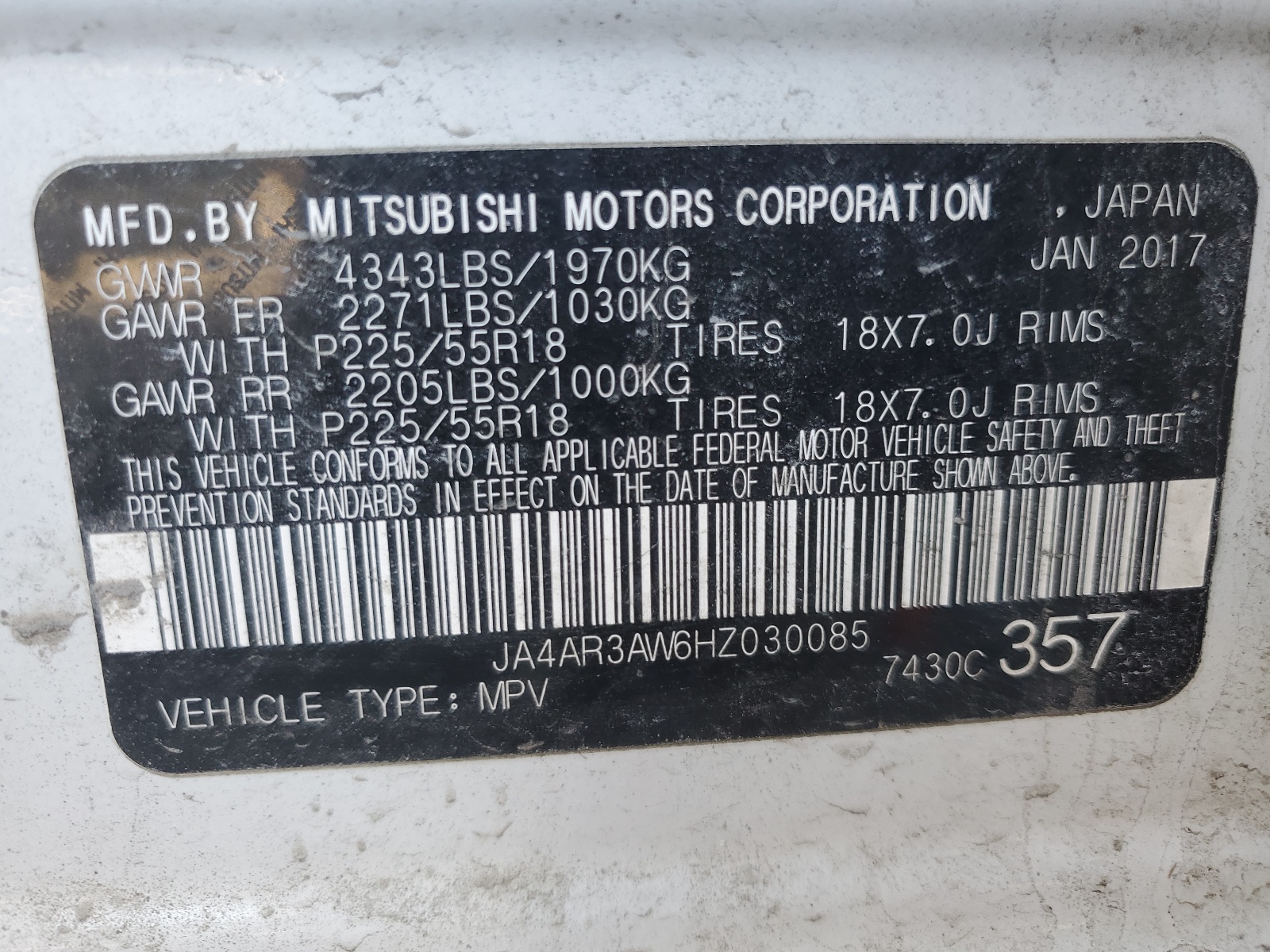 JA4AR3AW6HZ030085 2017 Mitsubishi Outlander Sport Es