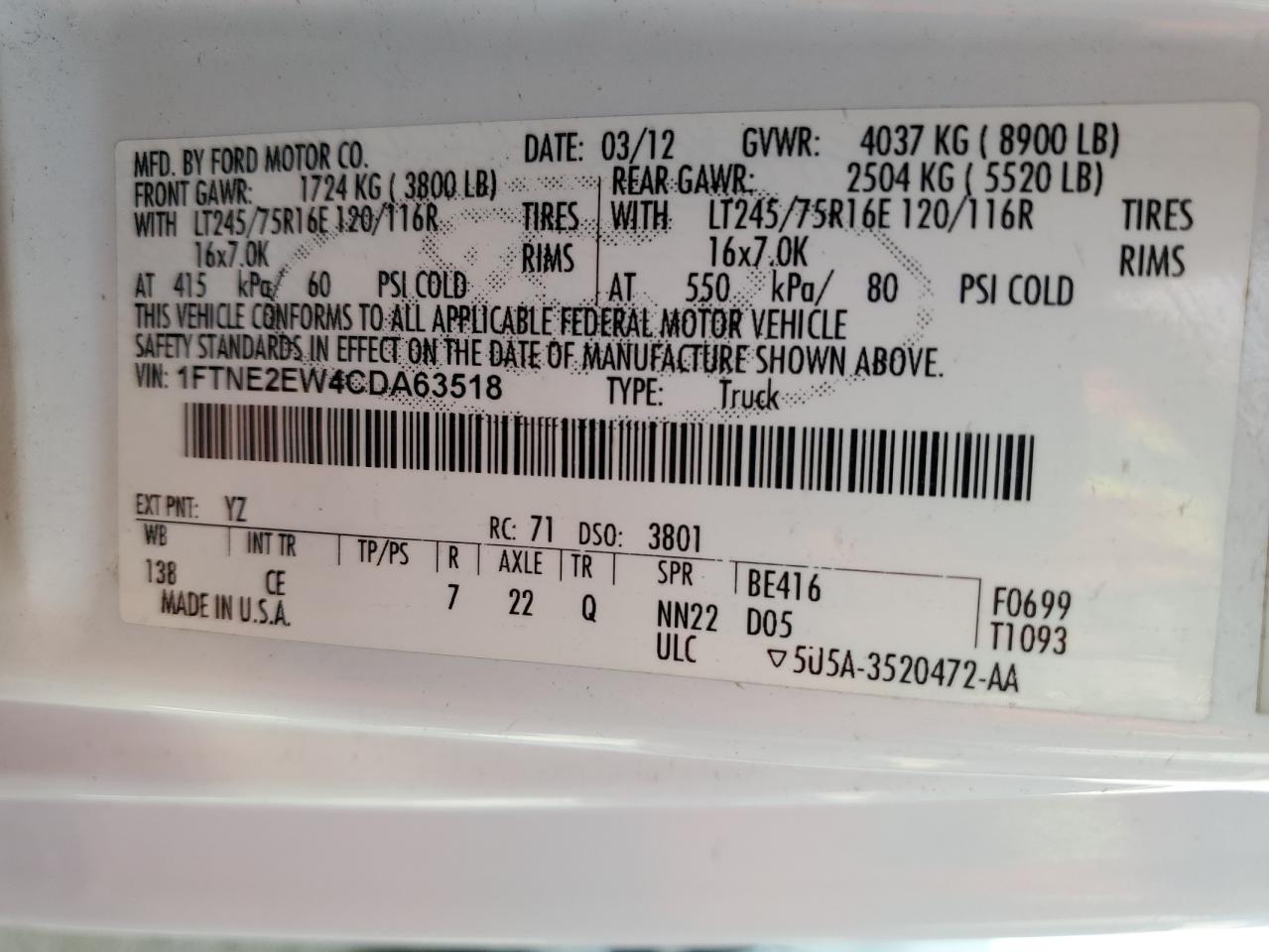 2012 Ford Econoline E250 Van VIN: 1FTNE2EW4CDA63518 Lot: 41234154