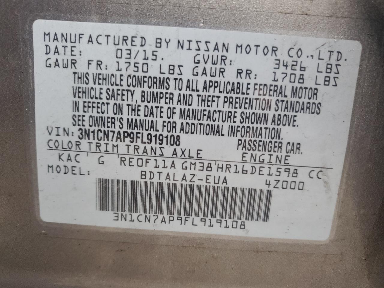 2015 Nissan Versa S VIN: 3N1CN7AP9FL919108 Lot: 45455514