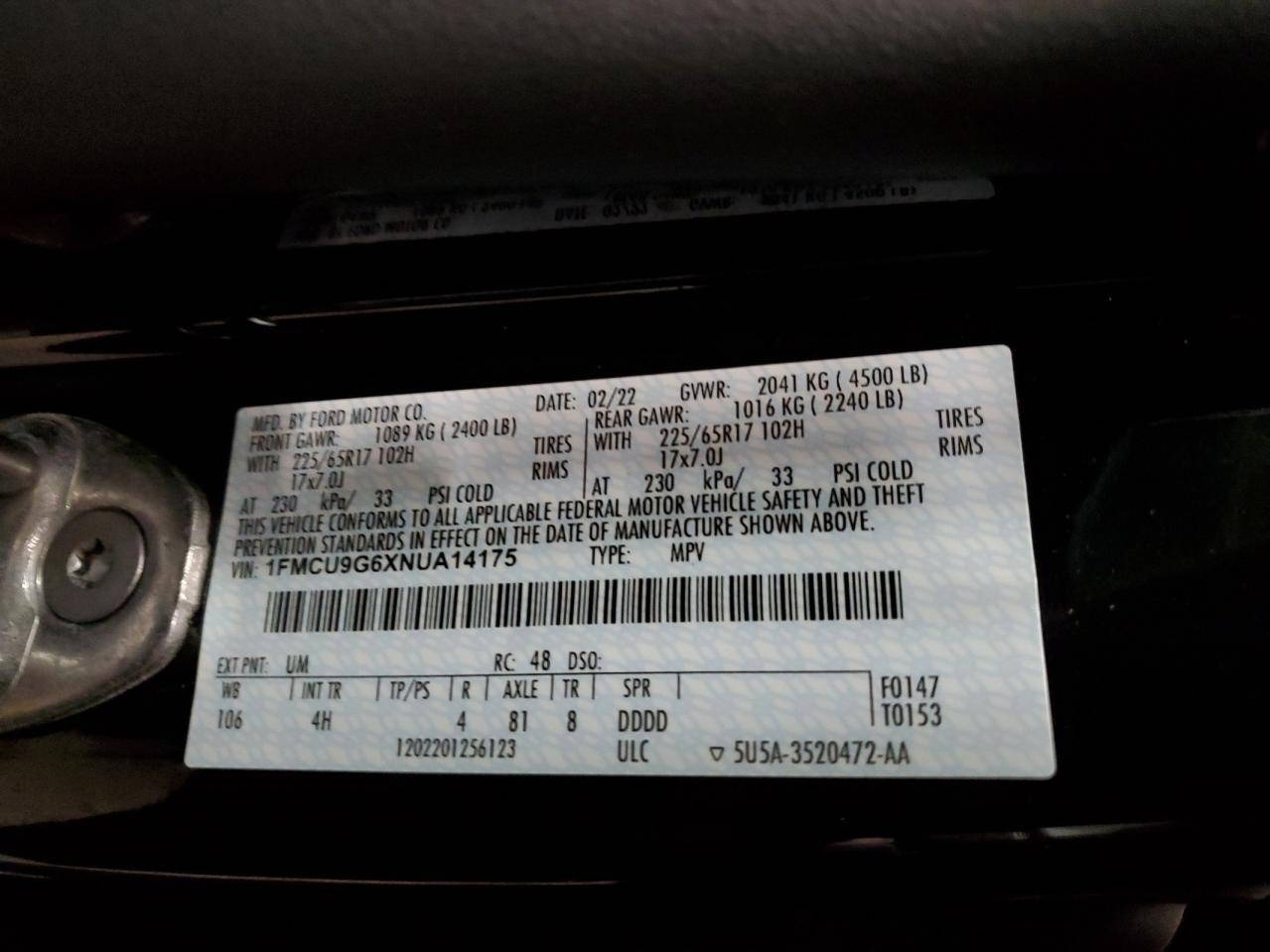 1FMCU9G6XNUA14175 2022 Ford Escape Se