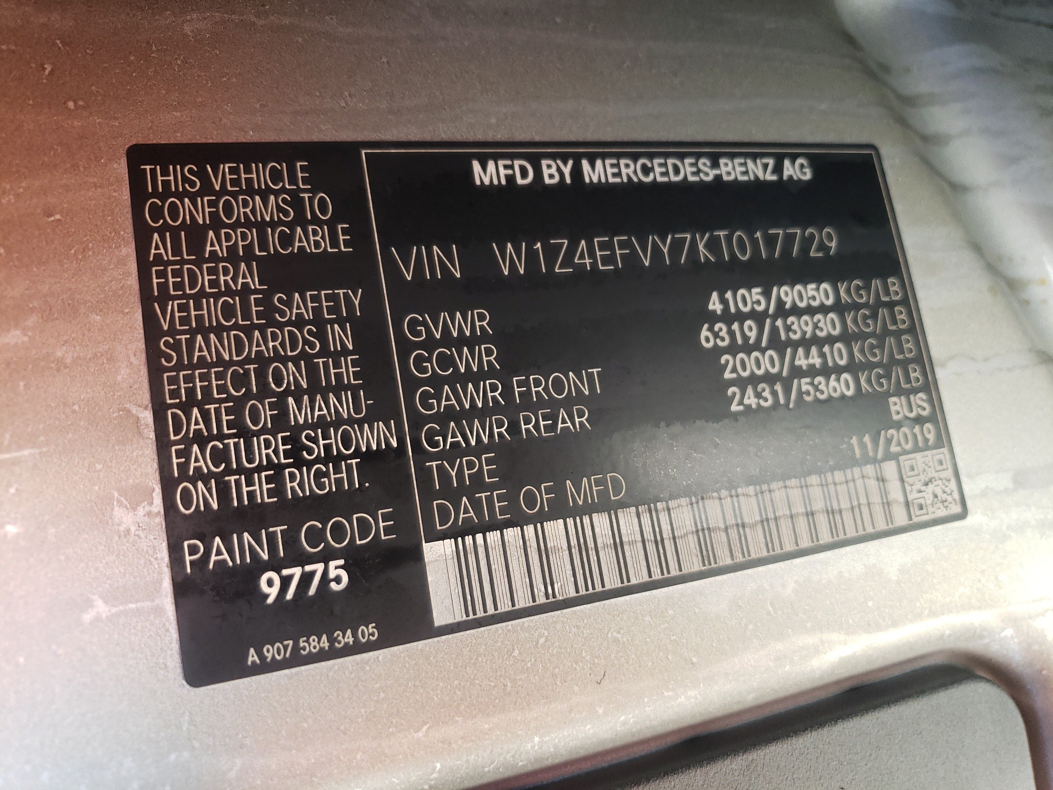 W1Z4EFVY7KT017729 2019 Mercedes-Benz Sprinter 2500