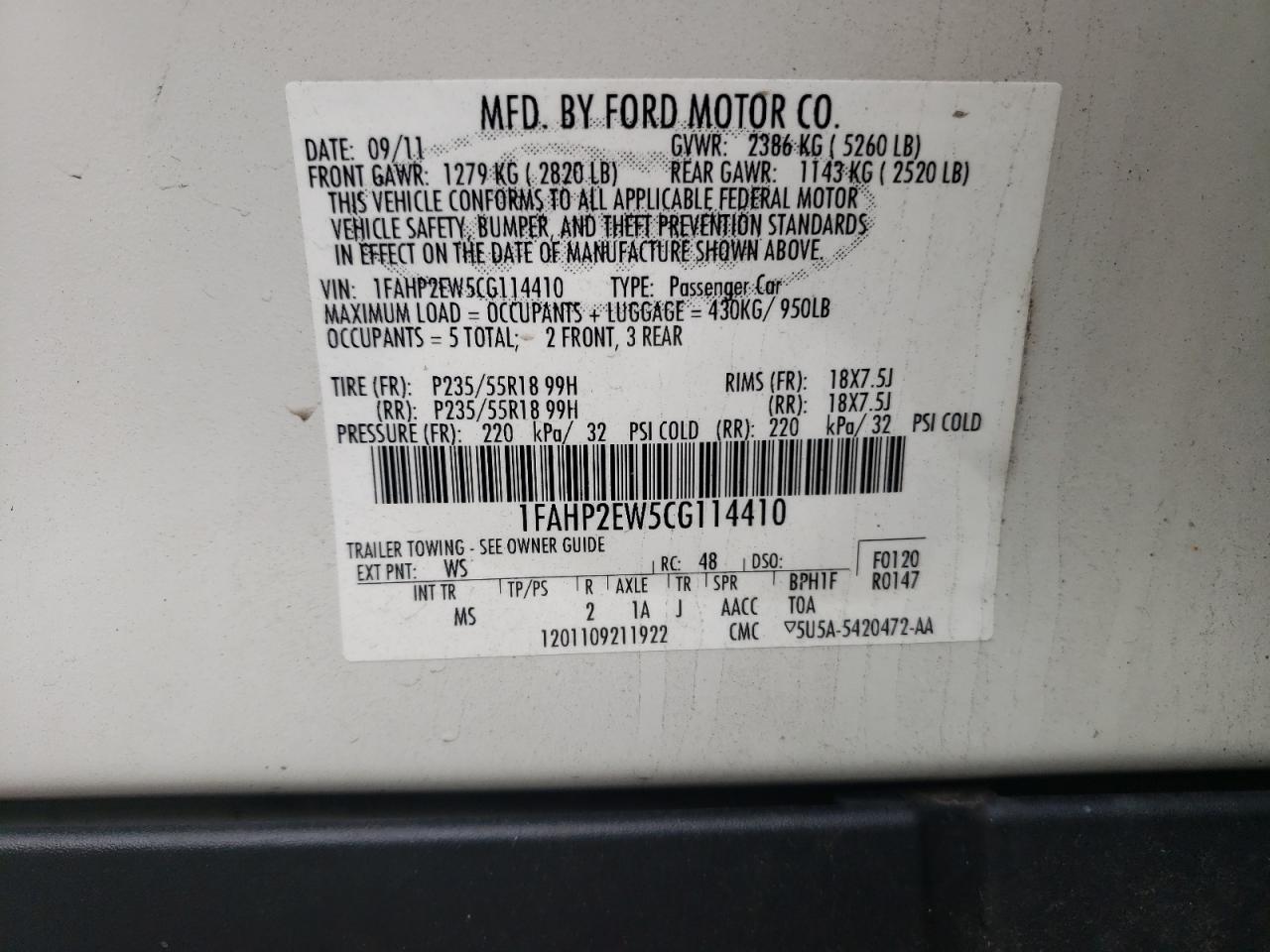 1FAHP2EW5CG114410 2012 Ford Taurus Sel