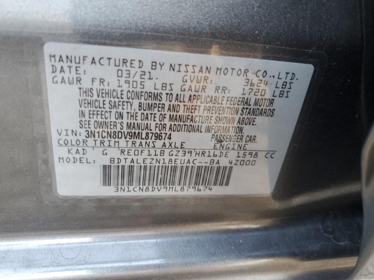 3N1CN8DV9ML879674 2021 Nissan Versa S