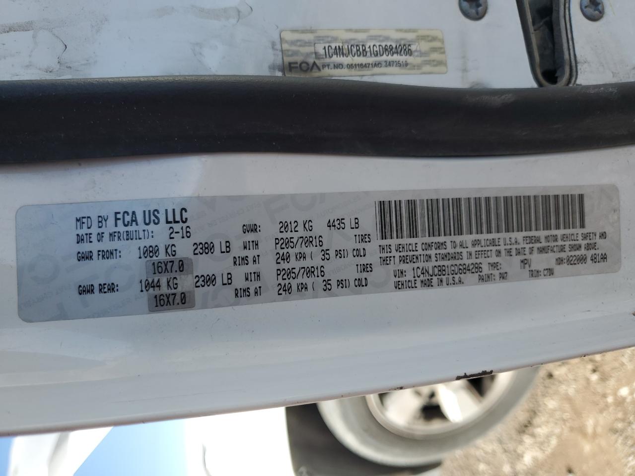 2016 Jeep Compass Sport VIN: 1C4NJCBB1GD684286 Lot: 45846804