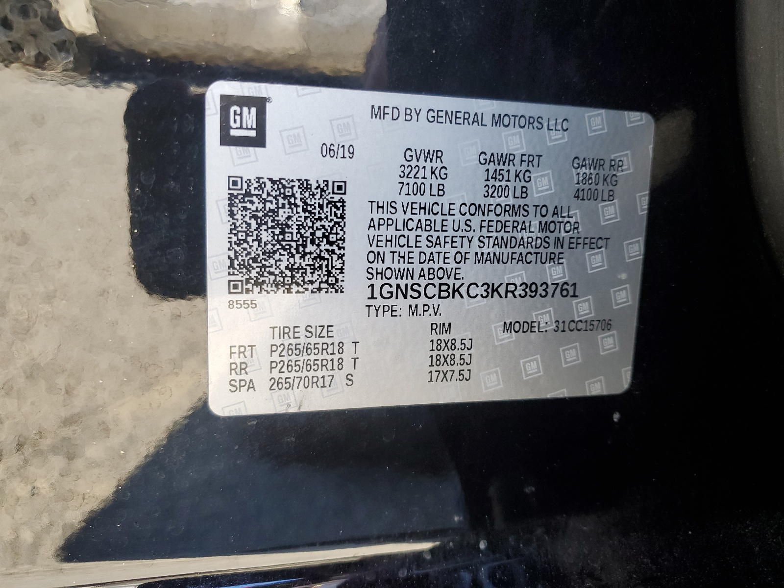 1GNSCBKC3KR393761 2019 Chevrolet Tahoe C1500 Lt