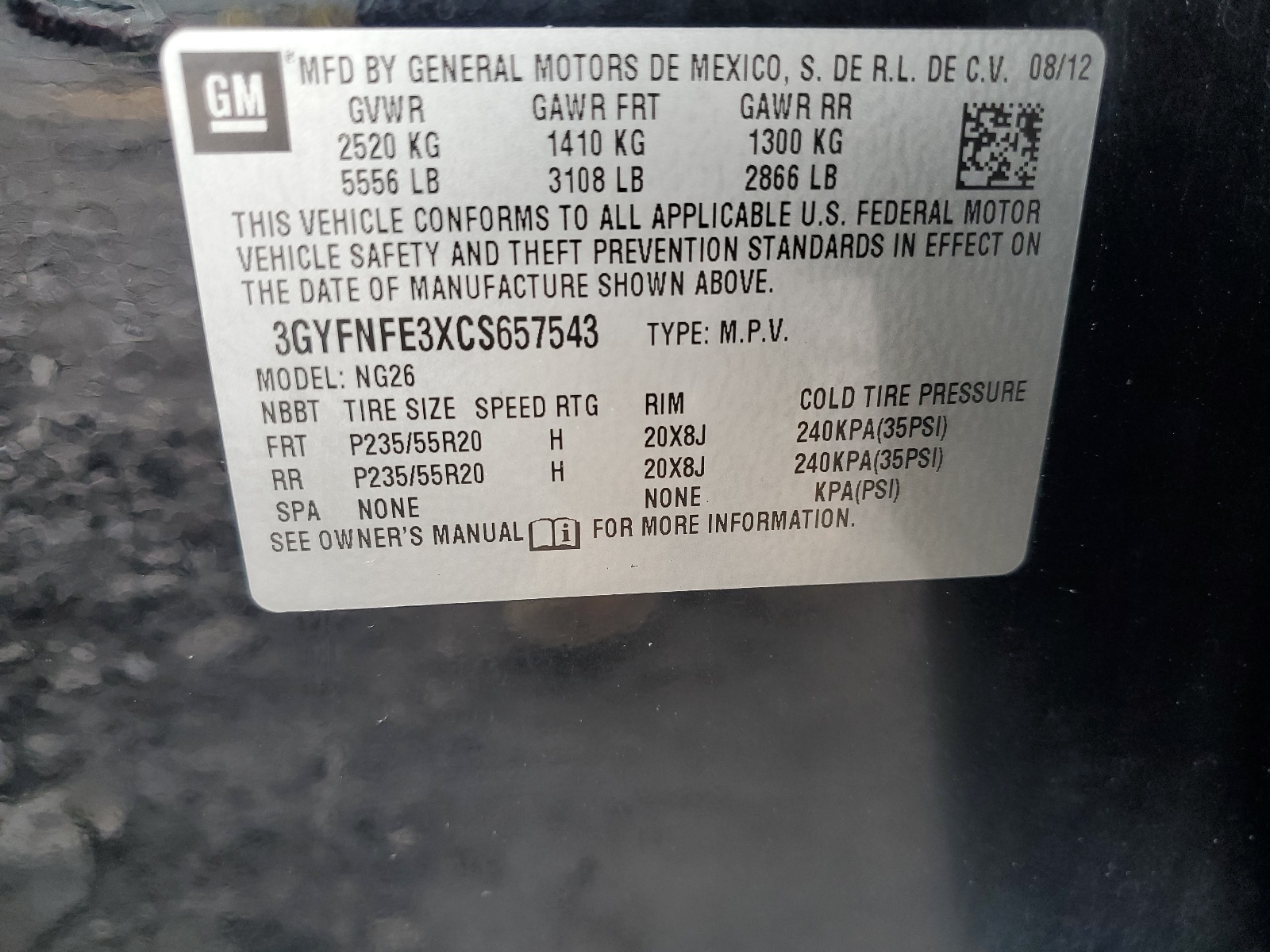 3GYFNFE3XCS657543 2012 Cadillac Srx Premium Collection