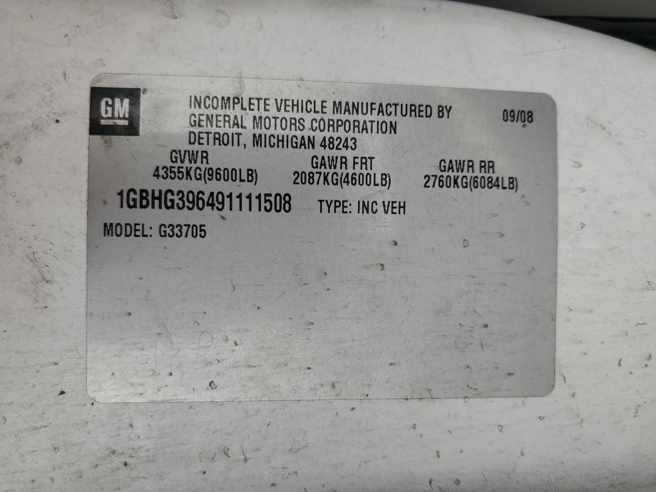 2009 Chevrolet Express G3500 VIN: 1GBHG396491111508 Lot: 43307624