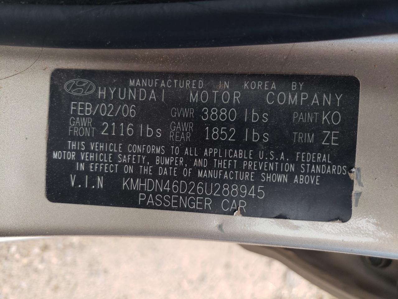 2006 Hyundai Elantra Gls VIN: KMHDN46D26U288945 Lot: 43038814