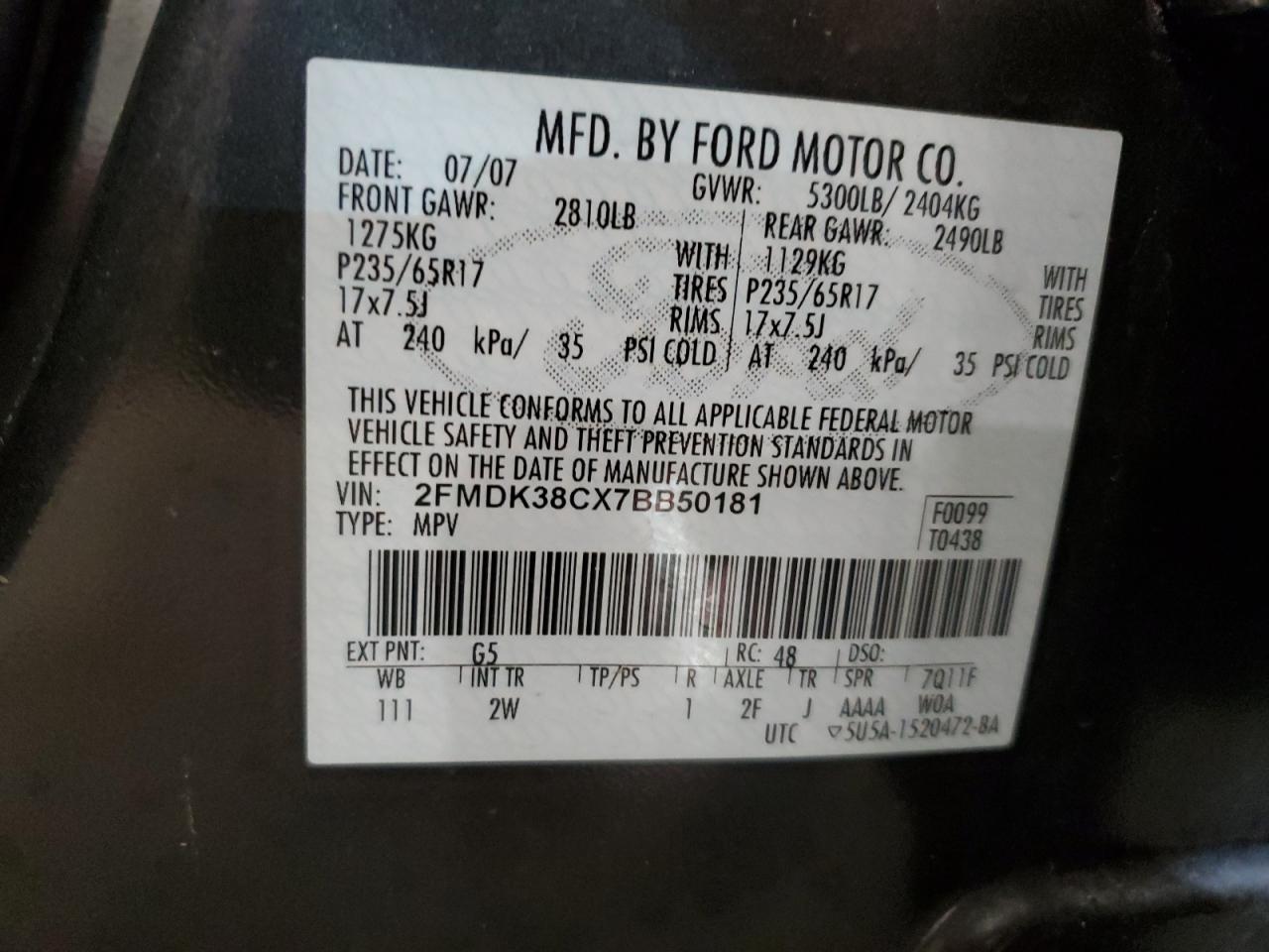 2007 Ford Edge Sel VIN: 2FMDK38CX7BB50181 Lot: 46436164