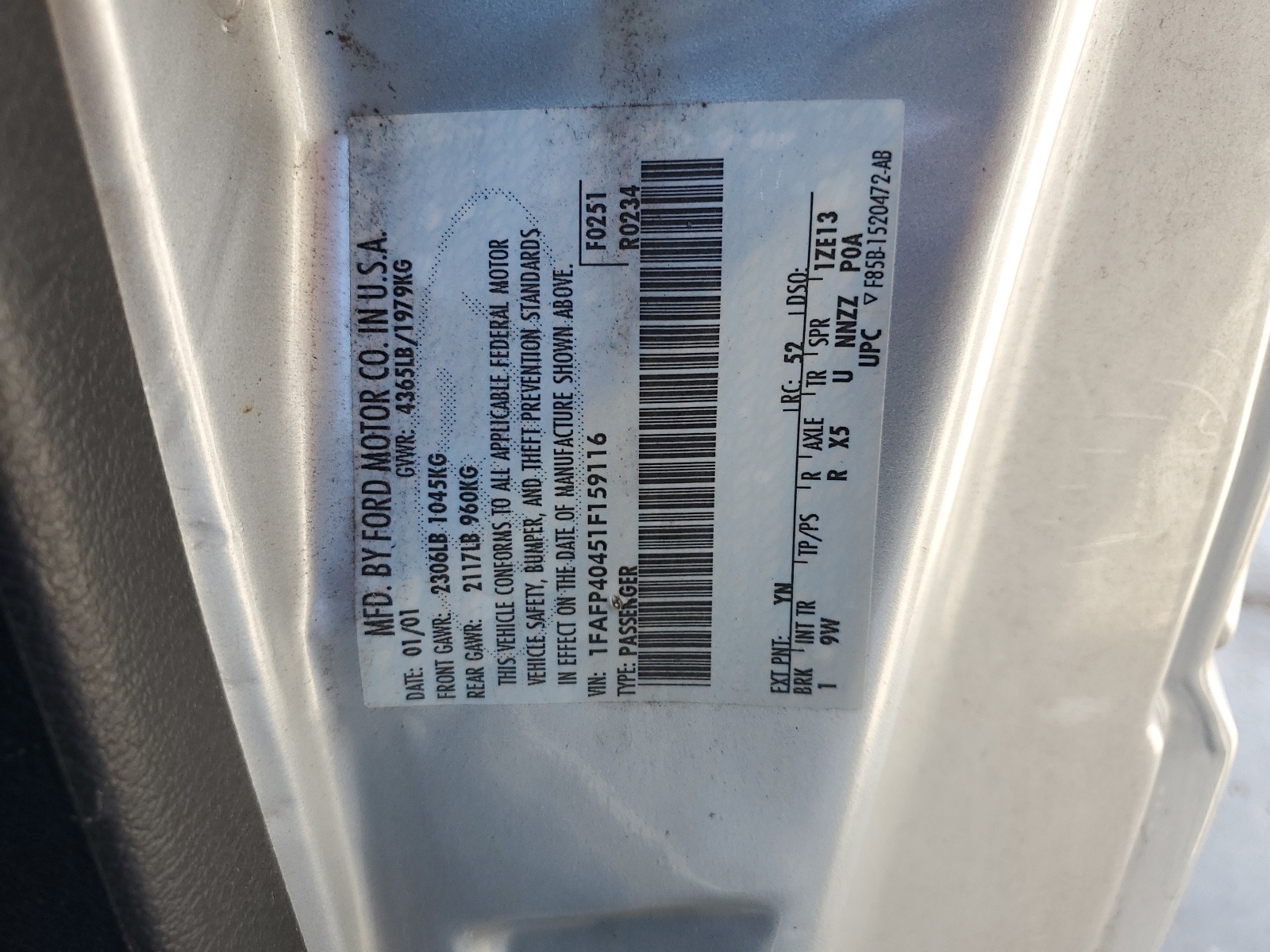 1FAFP40451F159116 2001 Ford Mustang