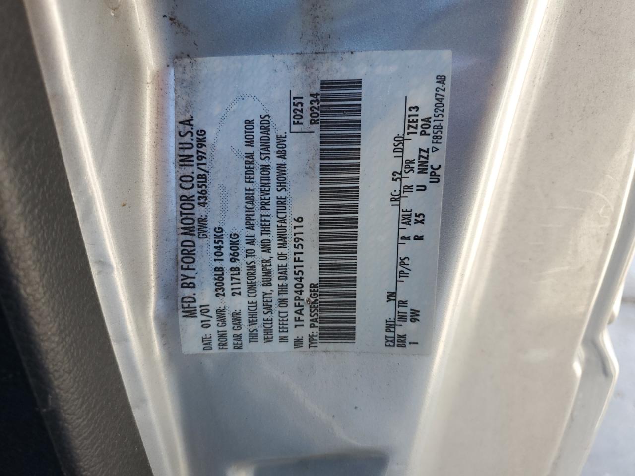 2001 Ford Mustang VIN: 1FAFP40451F159116 Lot: 46681974