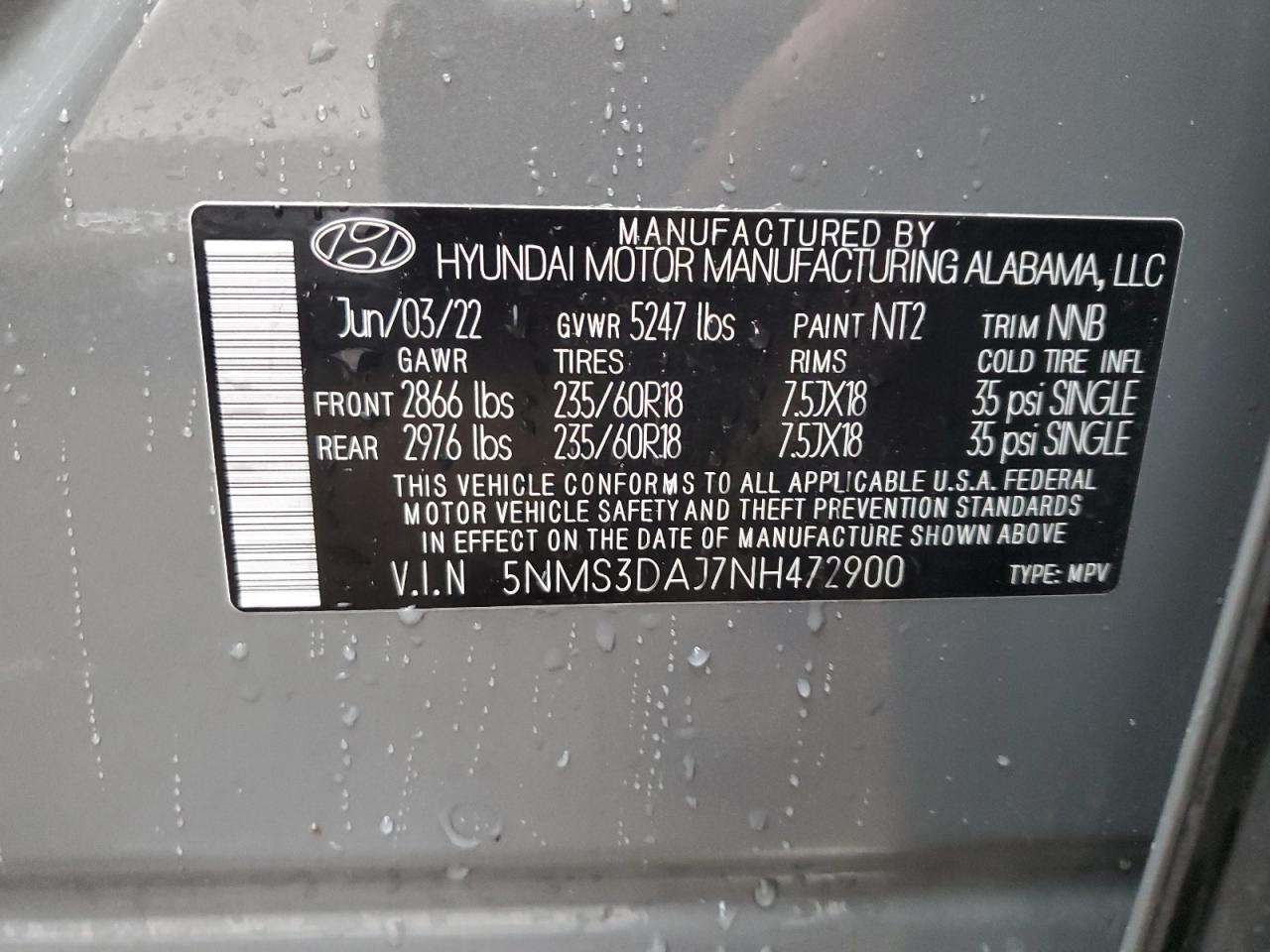 5NMS3DAJ7NH472900 2022 Hyundai Santa Fe Sel