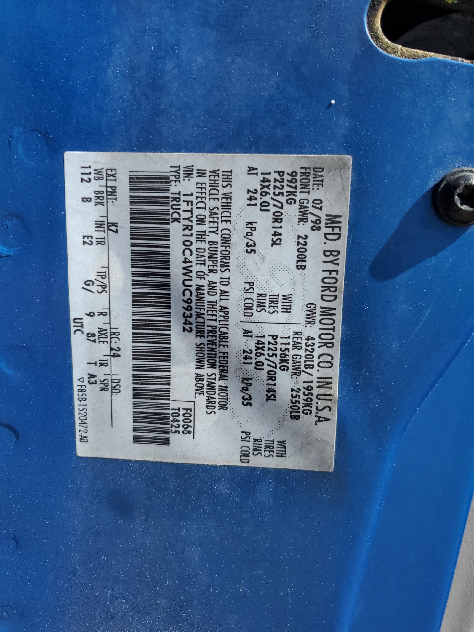 1FTYR10C4WUC99342 1998 Ford Ranger