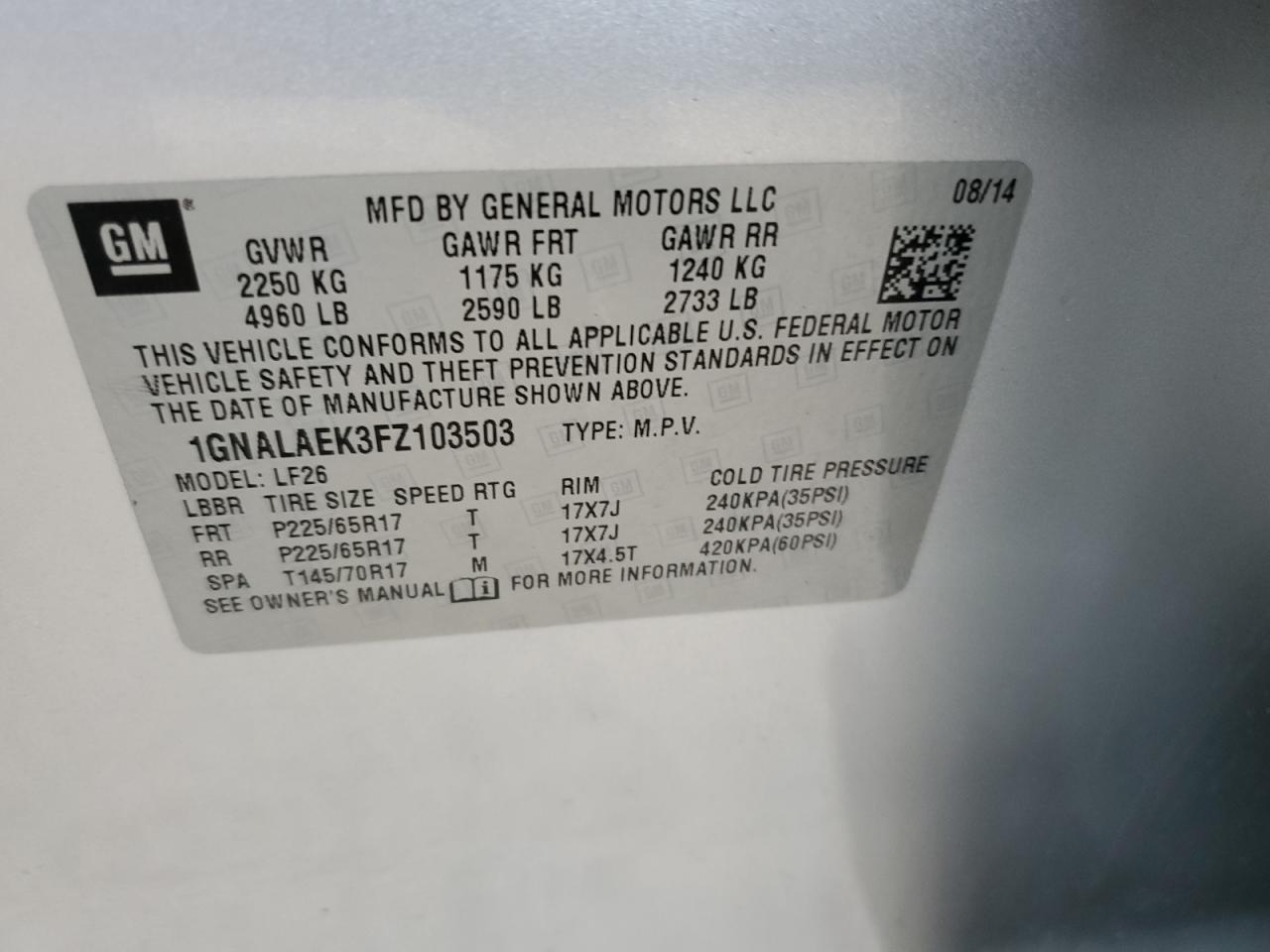 1GNALAEK3FZ103503 2015 CHEVROLET EQUINOX - Image 15