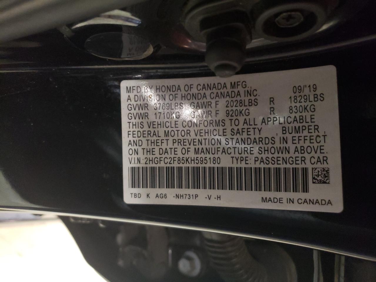 2HGFC2F85KH595180 2019 Honda Civic Sport