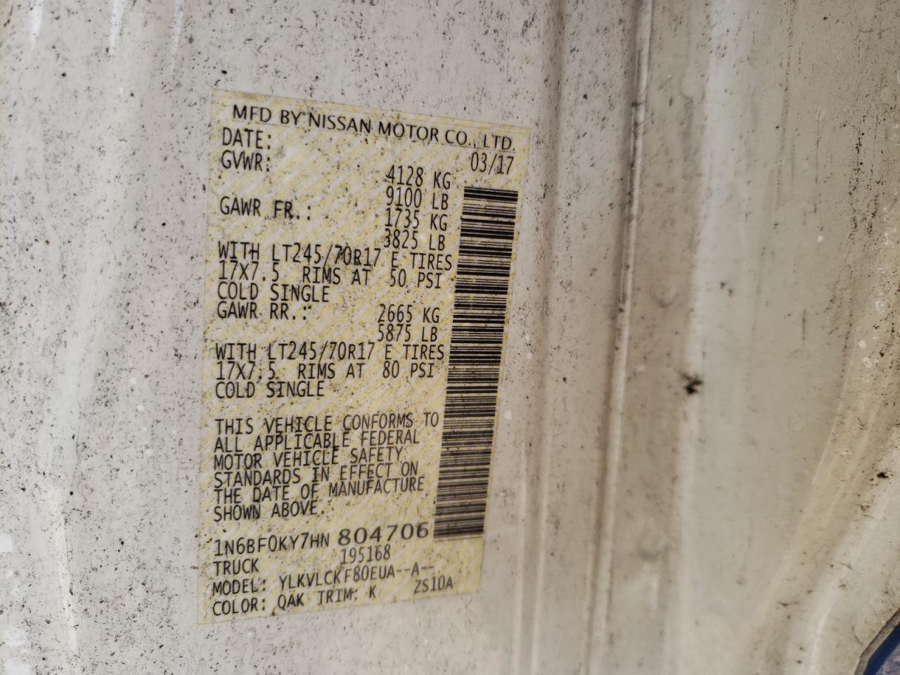 2017 Nissan Nv 1500 S VIN: 1N6BF0KY7HN804706 Lot: 47615214