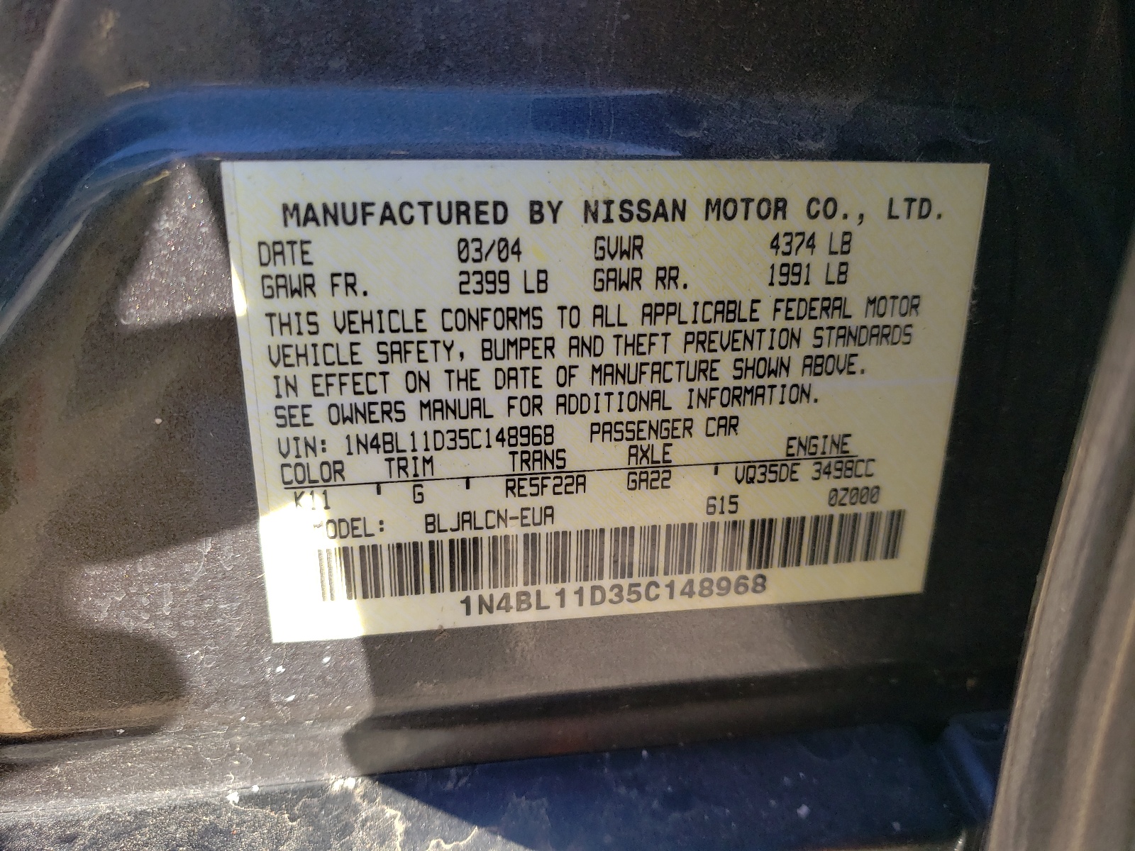 1N4BL11D35C148968 2005 Nissan Altima Se