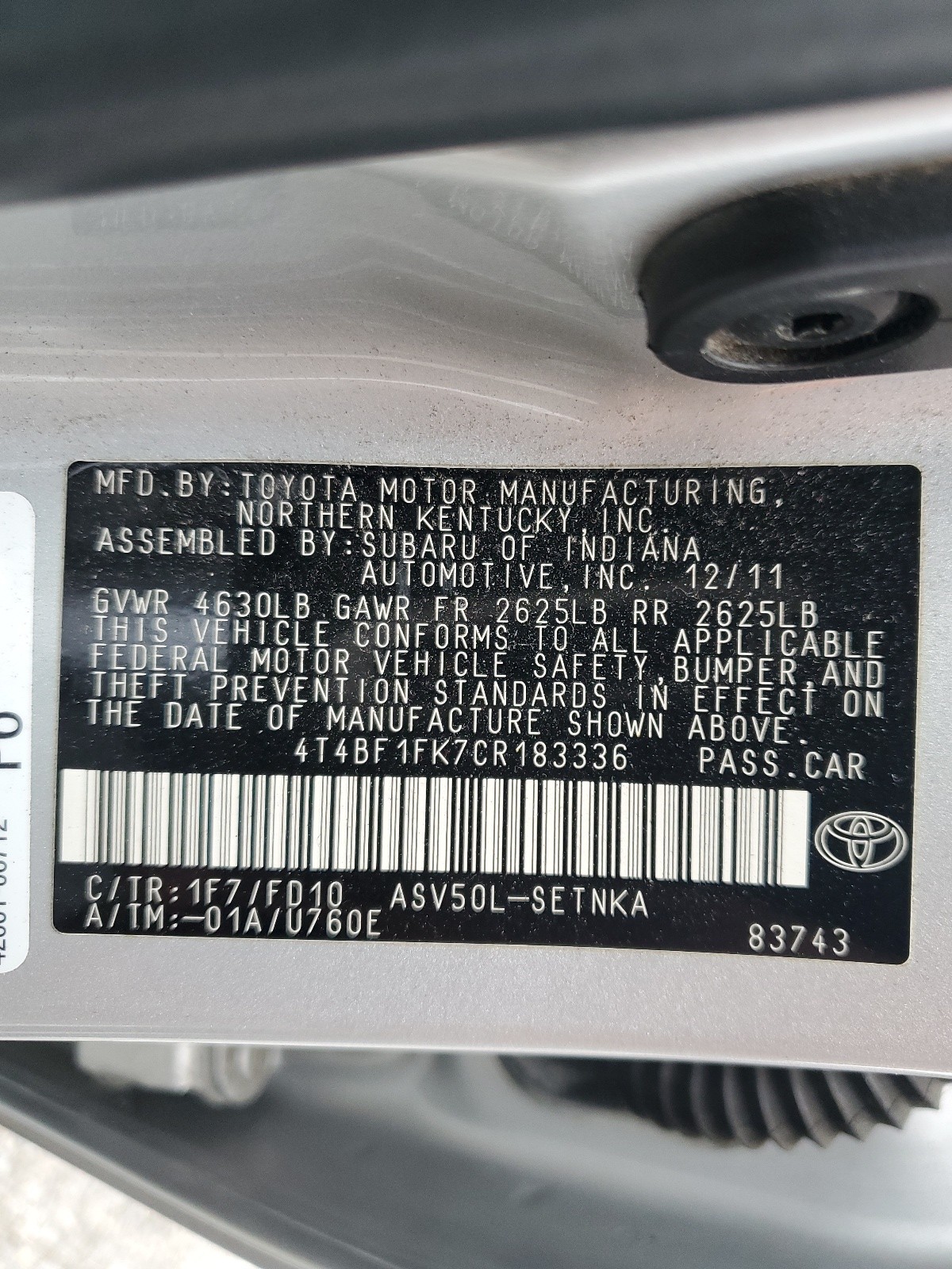 2012 Toyota Camry Base vin: 4T4BF1FK7CR183336