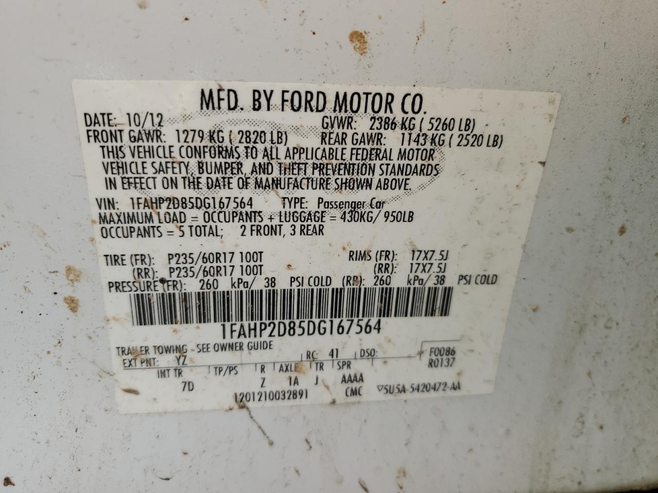 2013 Ford Taurus Se VIN: 1FAHP2D85DG167564 Lot: 47325264