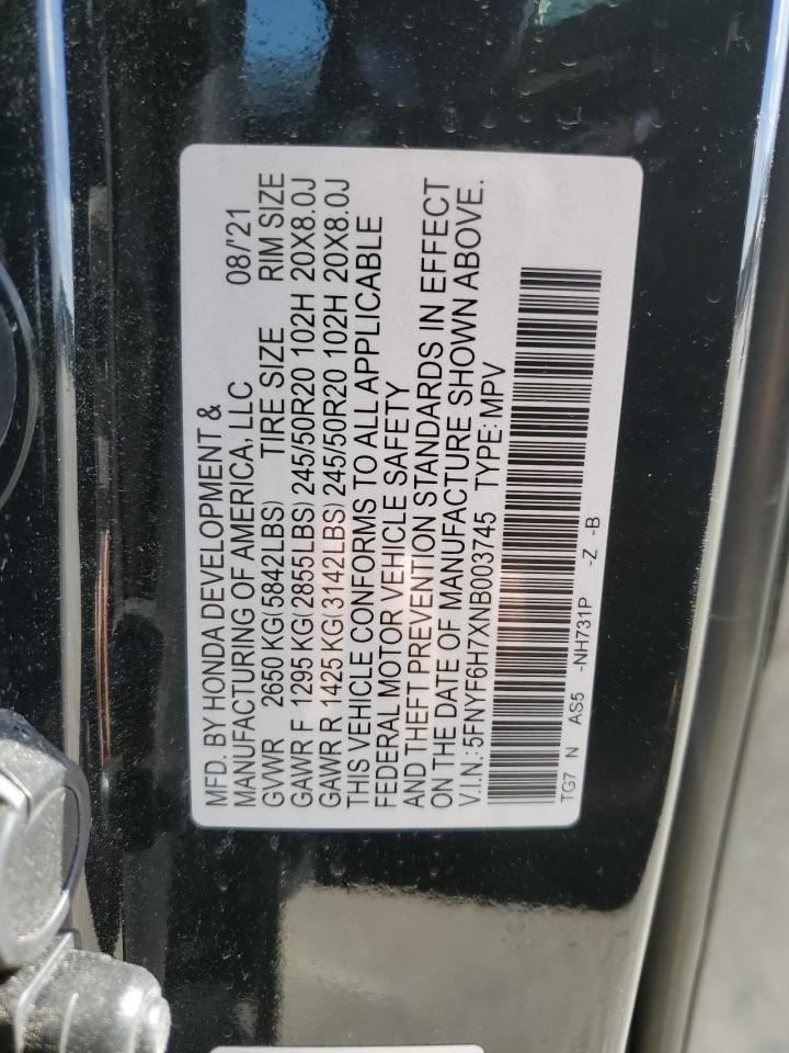 5FNYF6H7XNB003745 2022 Honda Pilot Black