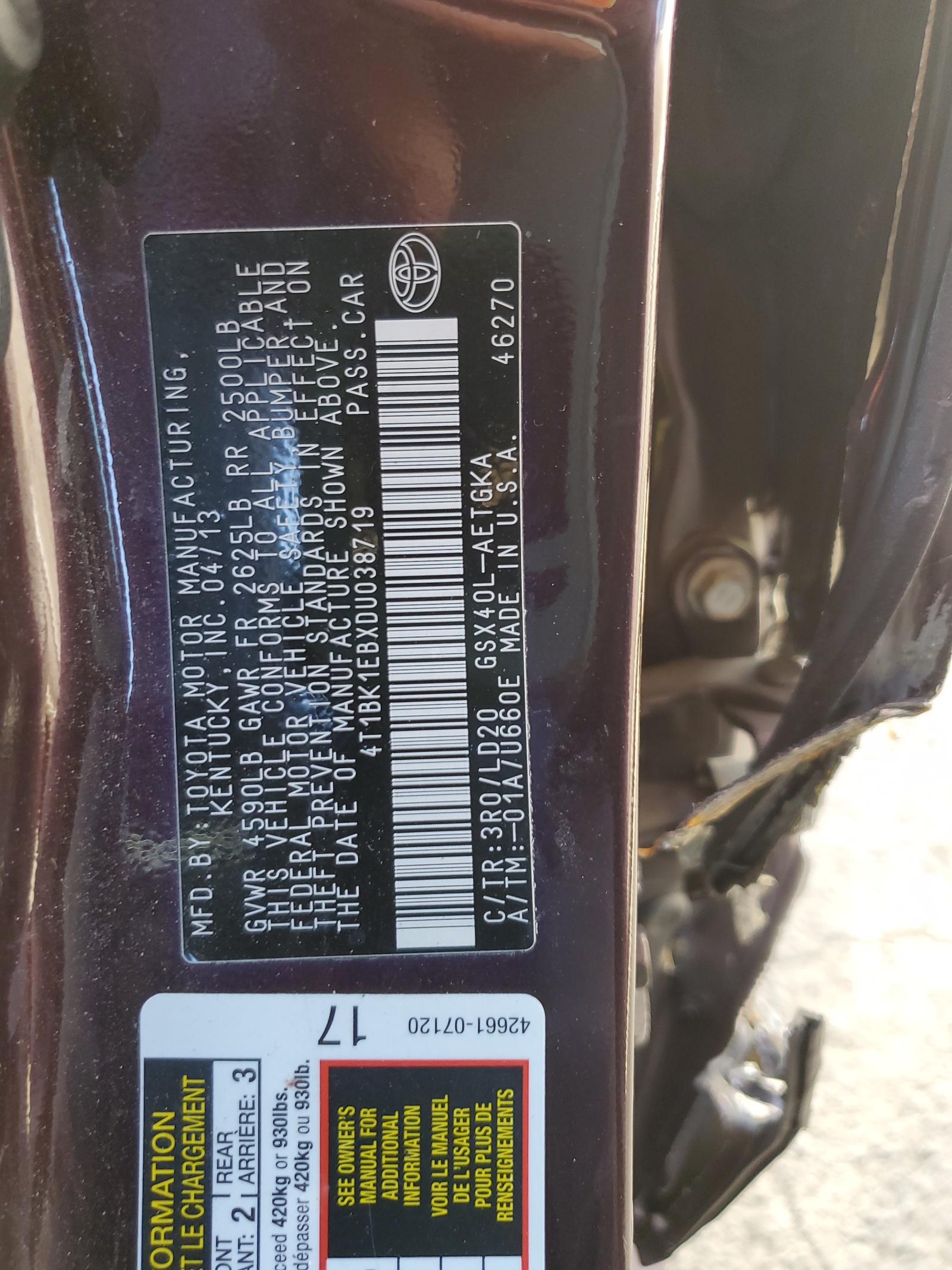 4T1BK1EBXDU038719 2013 Toyota Avalon Base