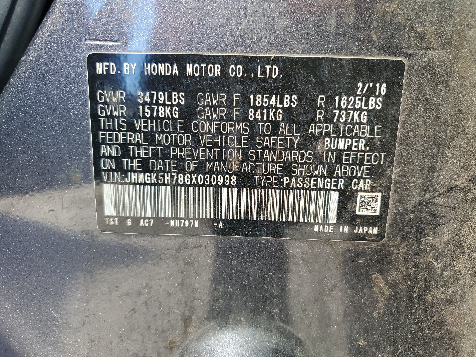 JHMGK5H78GX030998 2016 Honda Fit Ex