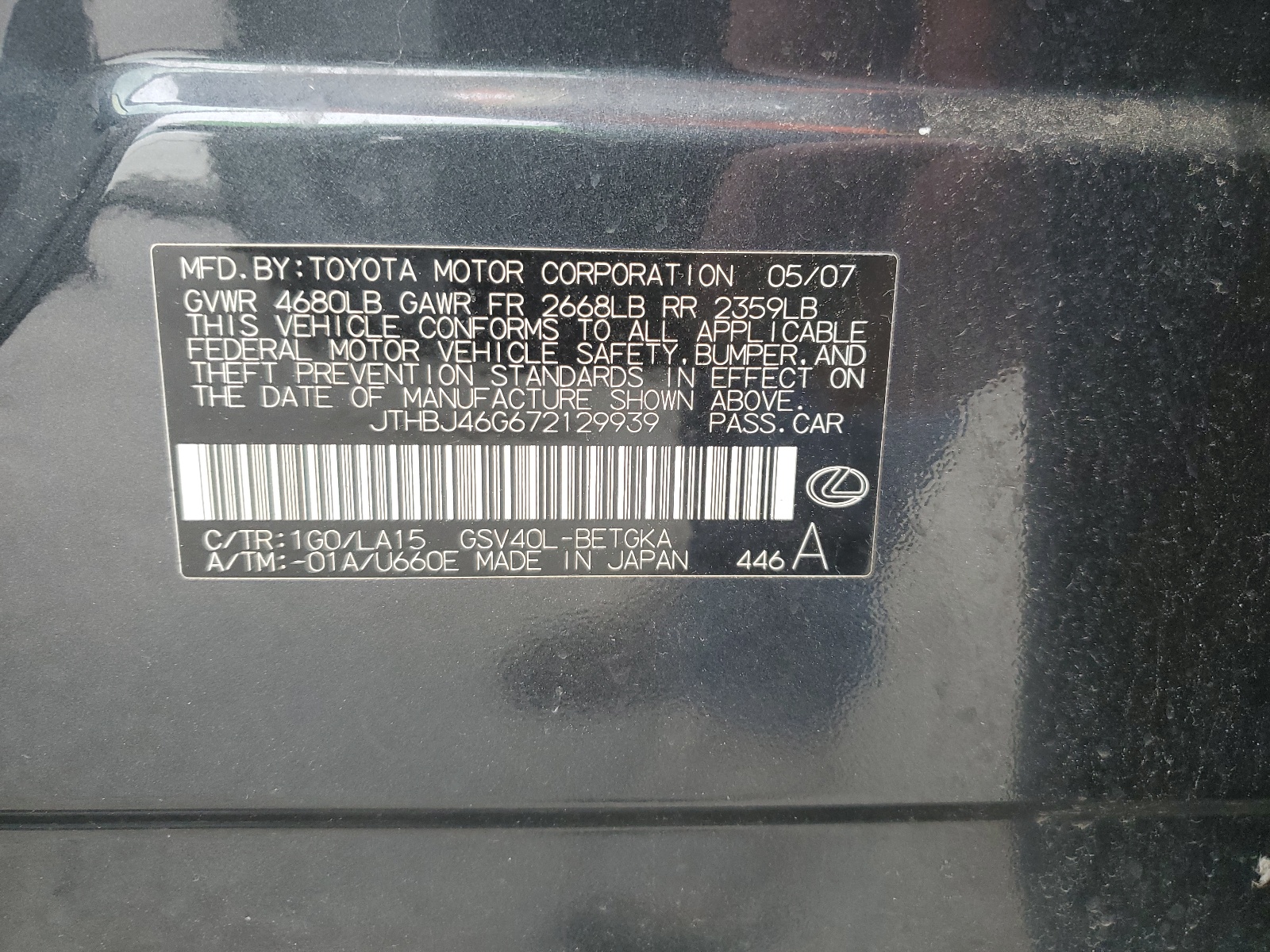 JTHBJ46G672129939 2007 Lexus Es 350