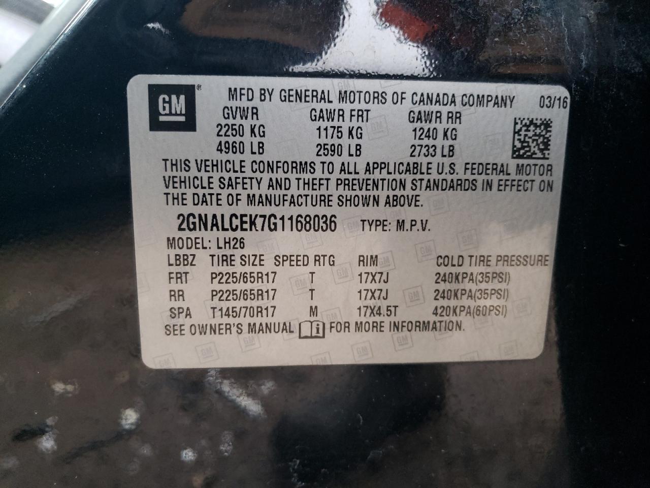 2GNALCEK7G1168036 2016 Chevrolet Equinox Lt