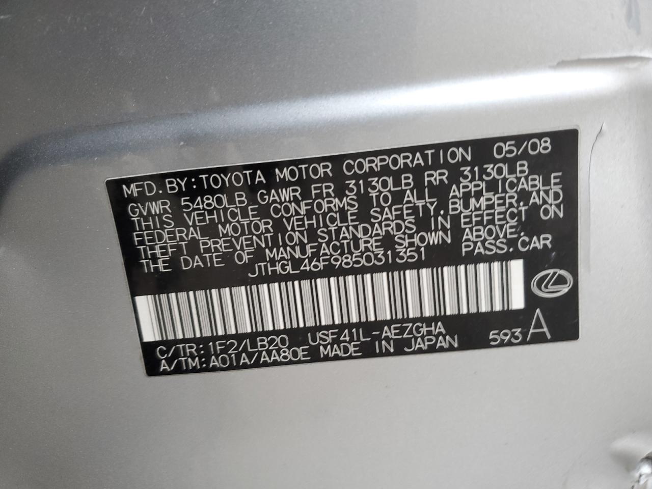 2008 Lexus Ls 460L VIN: JTHGL46F985031351 Lot: 58309514