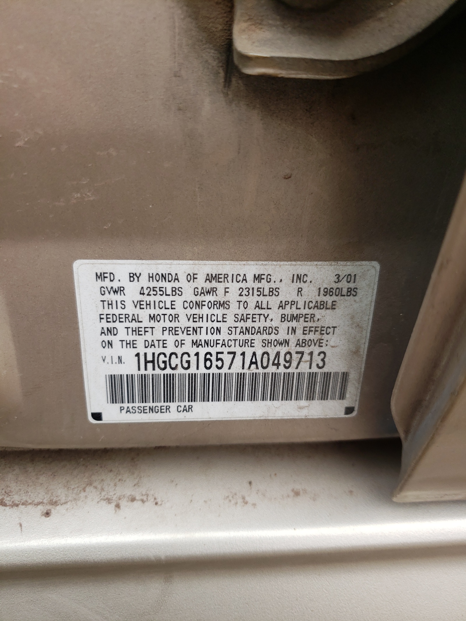 1HGCG16571A049713 2001 Honda Accord Ex