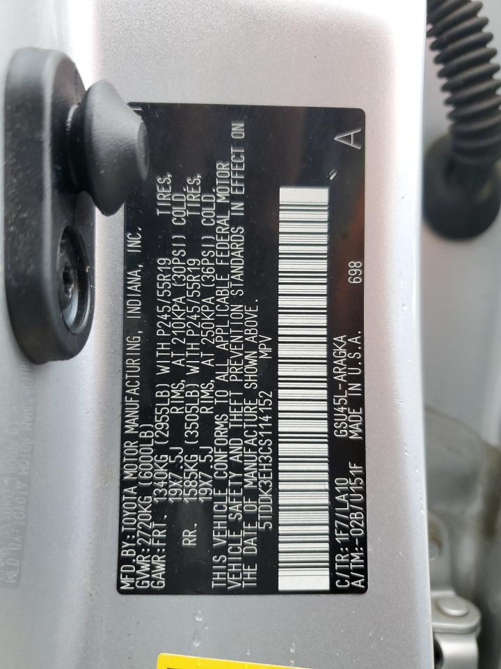 2012 Toyota Highlander Limited VIN: 5TDDK3EH3CS114152 Lot: 44442754