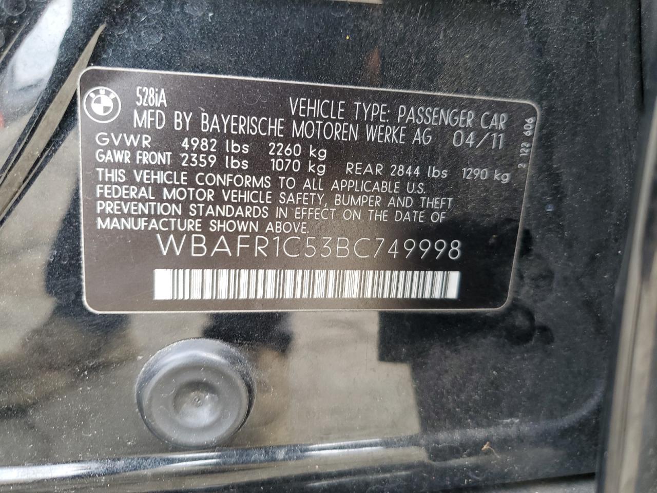 2011 BMW 528 I VIN: WBAFR1C53BC749998 Lot: 46797284