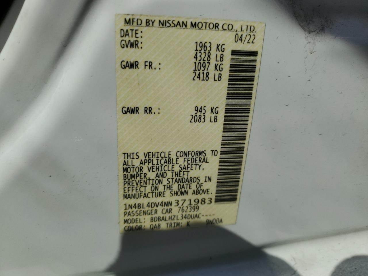 1N4BL4DV4NN371983 2022 Nissan Altima Sv