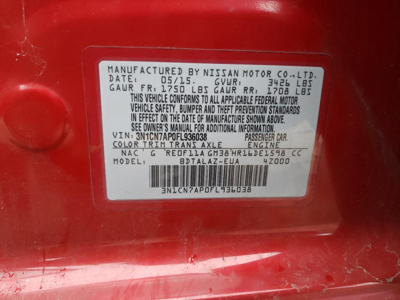 2015 Nissan Versa S VIN: 3N1CN7AP0FL936038 Lot: 45007624