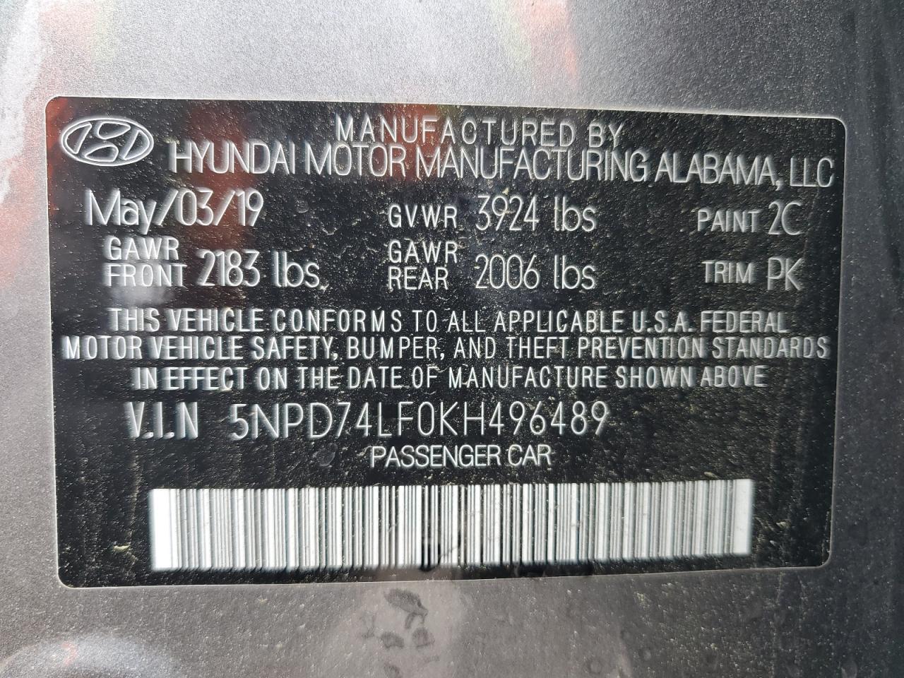 5NPD74LF0KH496489 2019 Hyundai Elantra Se