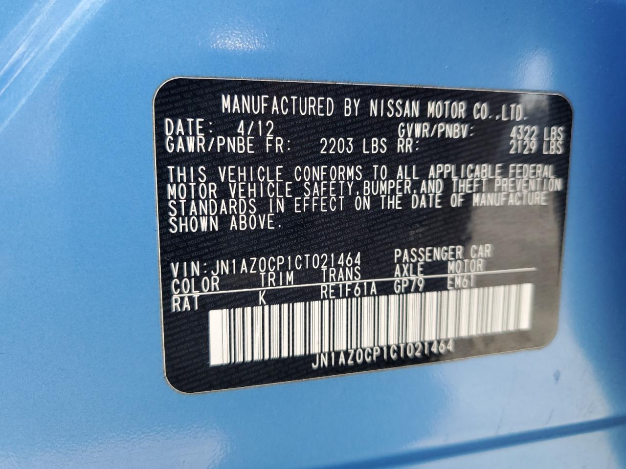 JN1AZ0CP1CT021464 2012 Nissan Leaf Sv