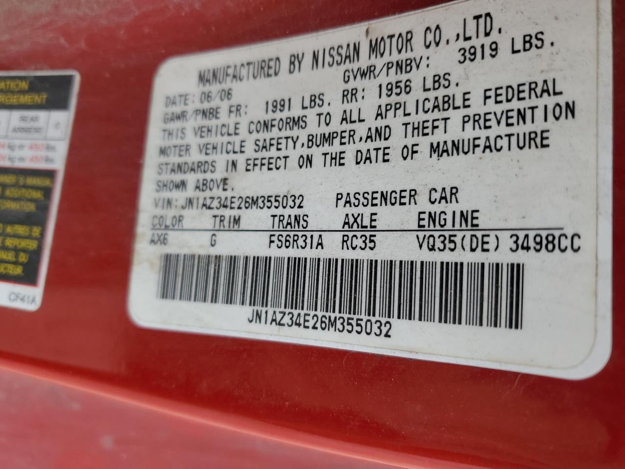 2006 Nissan 350Z Coupe VIN: JN1AZ34E26M355032 Lot: 46959414