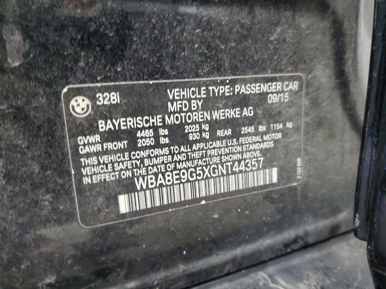 2016 BMW 328 I Sulev VIN: WBA8E9G5XGNT44357 Lot: 48216294