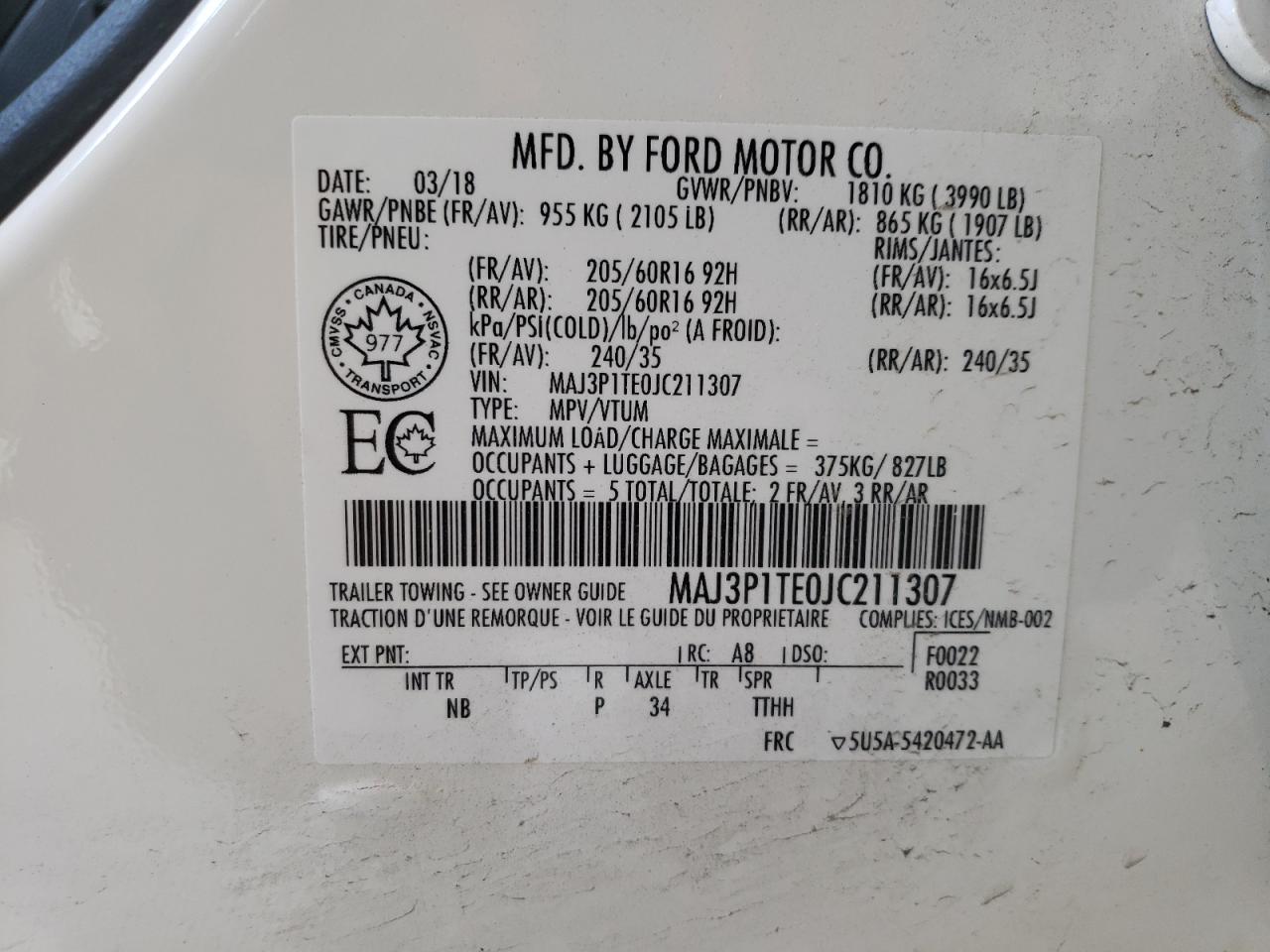 MAJ3P1TE0JC211307 2018 Ford Ecosport Se