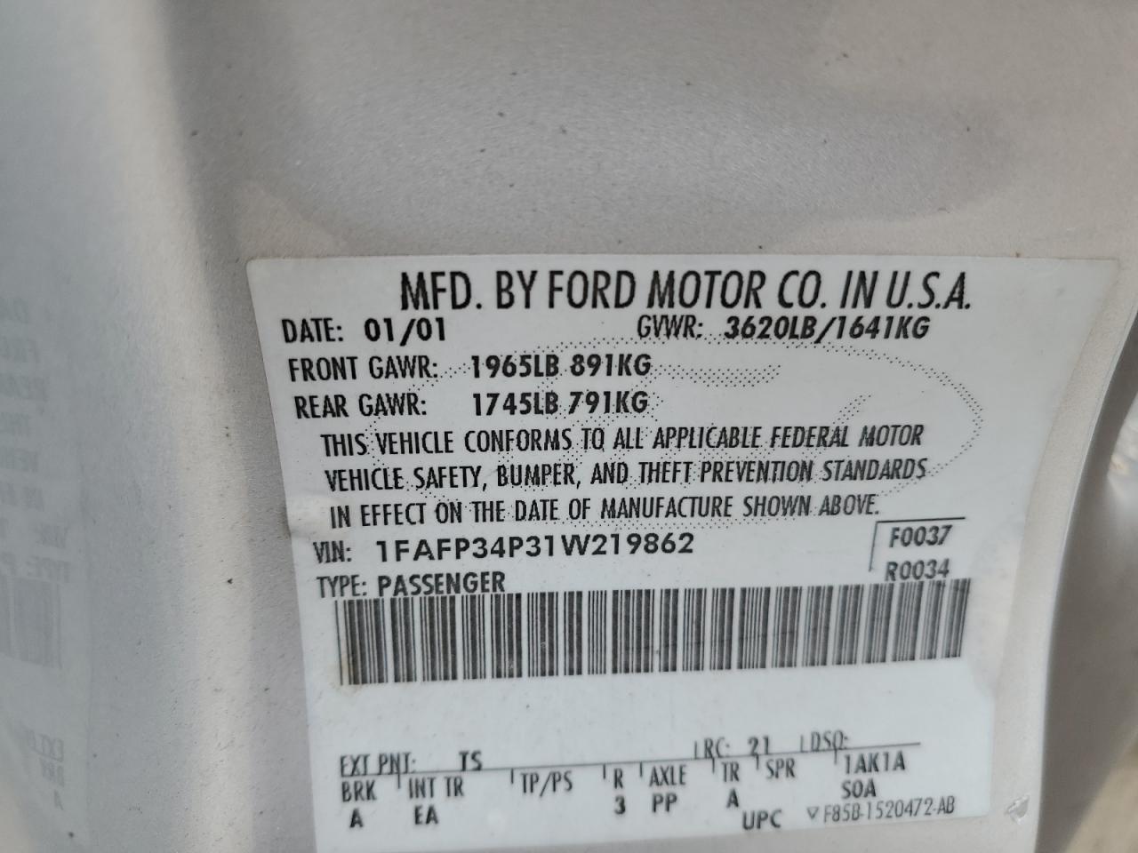 1FAFP34P31W219862 2001 Ford Focus Se